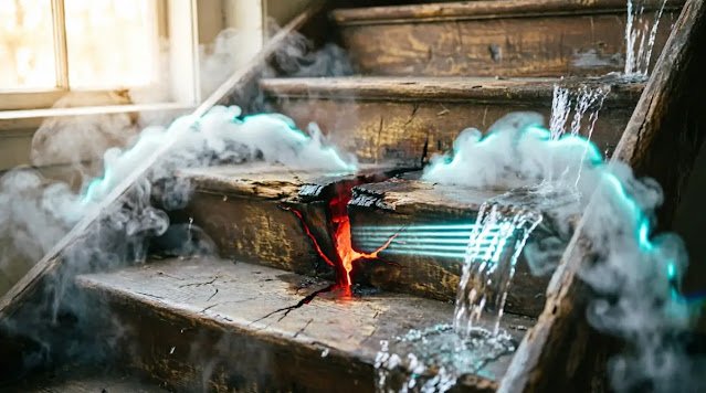 Single step glowing red-hot crack, fog parting to reveal it, water focusing on weakness(AI-generated illustration)