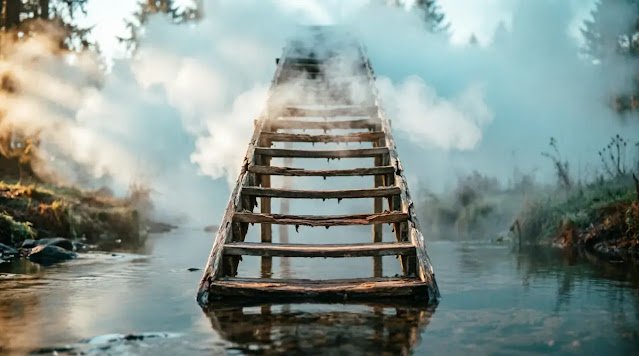 Staircase vanishing into thickening fog, water frozen mid-flow(AI-generated illustration)