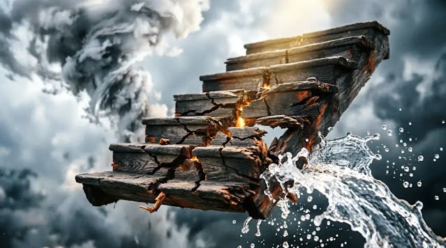 Staircase cracking from invisible pressure, fog swirling violently, turbulent water(AI-generated illustration)