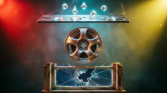 Frozen metal seam with suspended light droplets, halted wheel with brake marks, cracking window to starlight(AI-generated illustration)