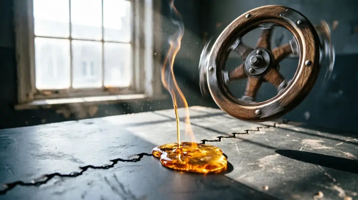 Metal seam dripping glowing light upwards, violently spinning detached wheel, bright afternoon window(AI-generated illustration)