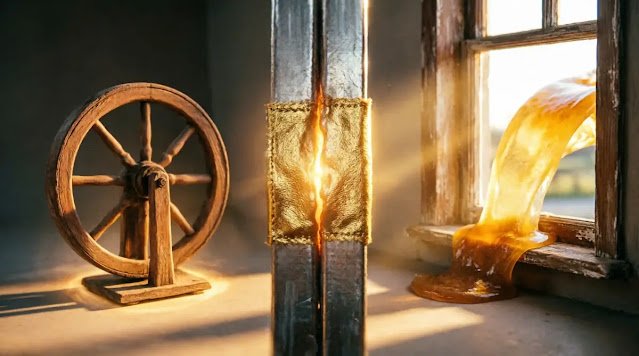Sealed metal seam with gold patch, grounded stationary wheel, opening window with thick golden light(AI-generated illustration)