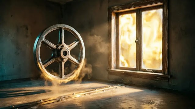 Dry glowing metal seam, integrated calm wheel, window filled with thick light(AI-generated illustration)