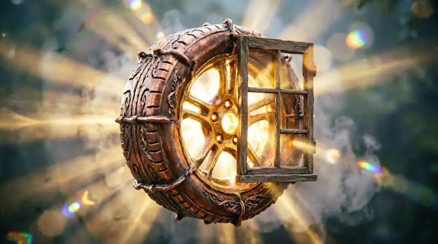 Fused presence structure from seam/wheel/window, golden awareness light radiating(AI-generated illustration)