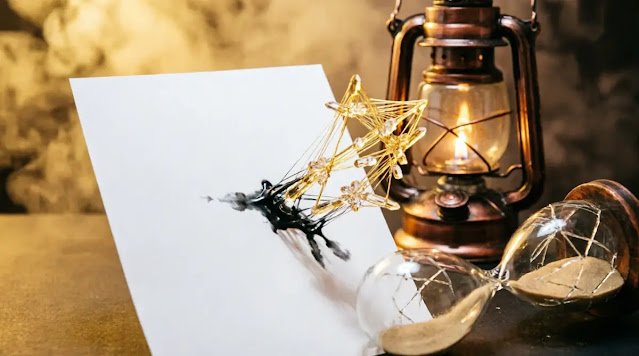 Healing hourglass, blank pages showing shadow-words before light, lantern steady flame, golden crystalline patterns emerging(AI-generated illustration)