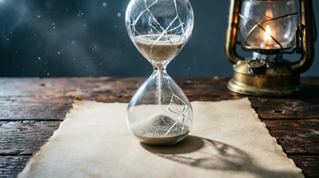 Healed hourglass showing sand in three time states simultaneously, rich layered pages, lantern radiant golden flame, temporal layering visible(AI-generated illustration)