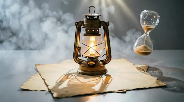 Floating fractured hourglass, blank pages, lantern flame casting impossible shadow loops, light bending around glass, volumetric fog(AI-generated illustration)
