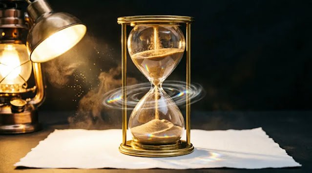 Hourglass with sand frozen mid-fall, blank pages with appearing words, lantern flame flickering dynamically, kinetic paradox visible(AI-generated illustration)