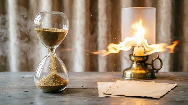 Continuous-flow hourglass, pages with shadow crystallizing into golden threads, lantern flame casting crystallization light, material transformation(AI-generated illustration)