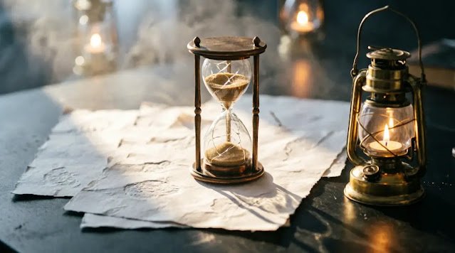 Eternal-loop hourglass, finite pages showing infinite spatial recursion depth, lantern epic radiant flame, golden bloom maximum(AI-generated illustration)