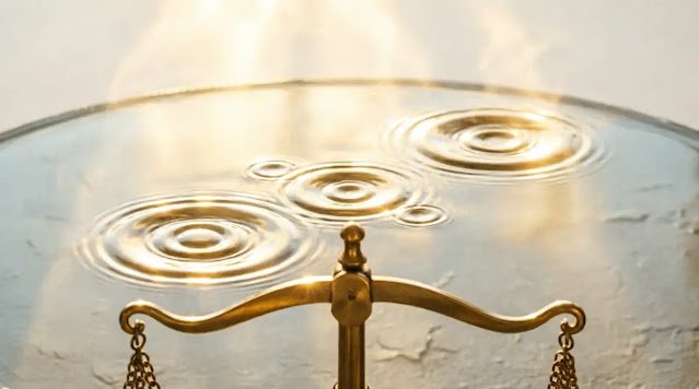 Water ripples crystallizing into golden threads, brass scale, faint checklist, golden light(AI-generated illustration)
