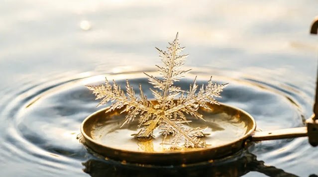 Water surface showing infinite spatial recursion, brass scale, faint checklist, epic golden light(AI-generated illustration)