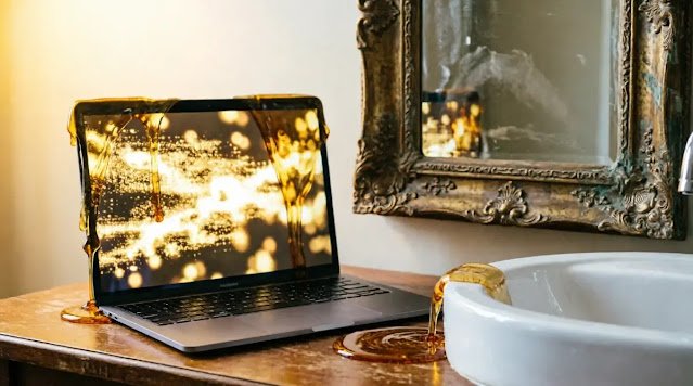 Laptop screen with golden viscous liquid dripping, ornate mirror frame, white ceramic sink basin, warm sunlight(AI-generated illustration)