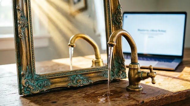 Ornate patina mirror frame, brass faucet with flowing water stream, laptop screen background, wooden desk, warm light(AI-generated illustration)