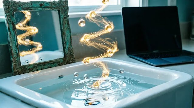 White ceramic sink with water, golden glowing orbs rising upward in spiral, ornate mirror frame, laptop background(AI-generated illustration)
