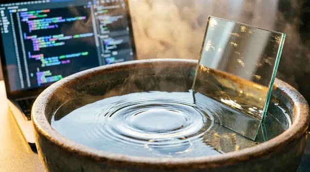 Rustic ceramic bowl with water ripples, glass panel submerged, laptop screen with code background, warm lighting(AI-generated illustration)