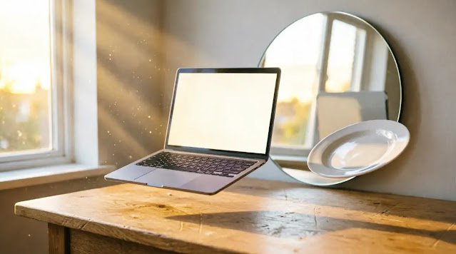 Laptop floating above wooden desk, round wall mirror, white ceramic plate suspended, warm sunlight through window(AI-generated illustration)