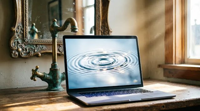 Laptop screen showing water ripple pattern, ornate brass faucet, ornate mirror frame on wall, wooden desk, natural light(AI-generated illustration)