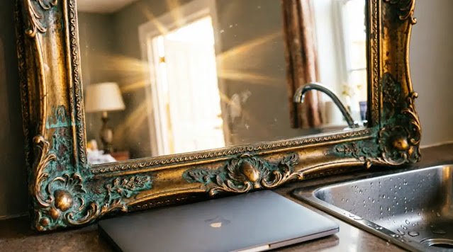 Ornate patina mirror reflecting sunny doorway, closed laptop, stainless steel sink with water droplets, warm golden light(AI-generated illustration)
