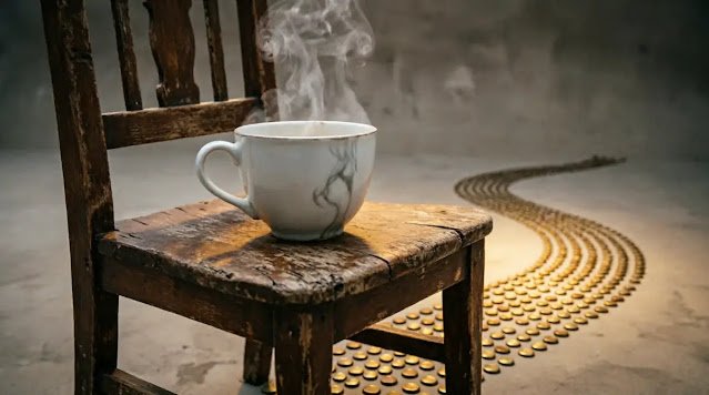 White teacup with steam on aged wooden chair, golden brass coins forming winding path leading away, misty atmospheric background (AI-generated illustration)