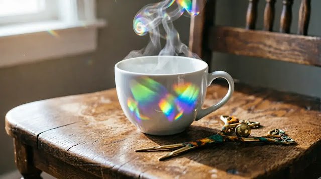 Steaming teacup with rainbow prism reflections on wooden chair, ornate brass keys with patina, window light, chromatic aberration (AI-generated illustration)