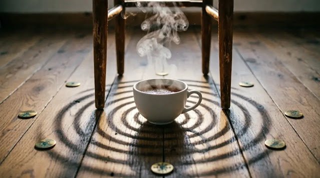 White teacup under wooden chair legs, impossible concentric ripple shadows on floor, scattered brass markers, warm ambient light (AI-generated illustration)