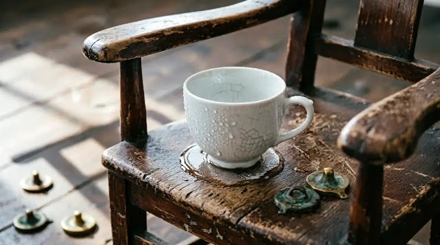 Ceramic teacup with water droplets on wooden chair with armrests, small brass markers scattered, condensation patterns, natural window light (AI-generated illustration)