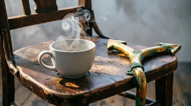 White teacup with spiral steam on weathered chair, large brass arrow pointing direction, golden hour light, shallow depth (AI-generated illustration)