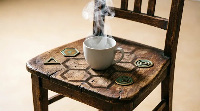 Steaming ceramic cup on wooden chair seat, geometric brass markers with green patina, hexagonal patterns, warm neutral background (AI-generated illustration)