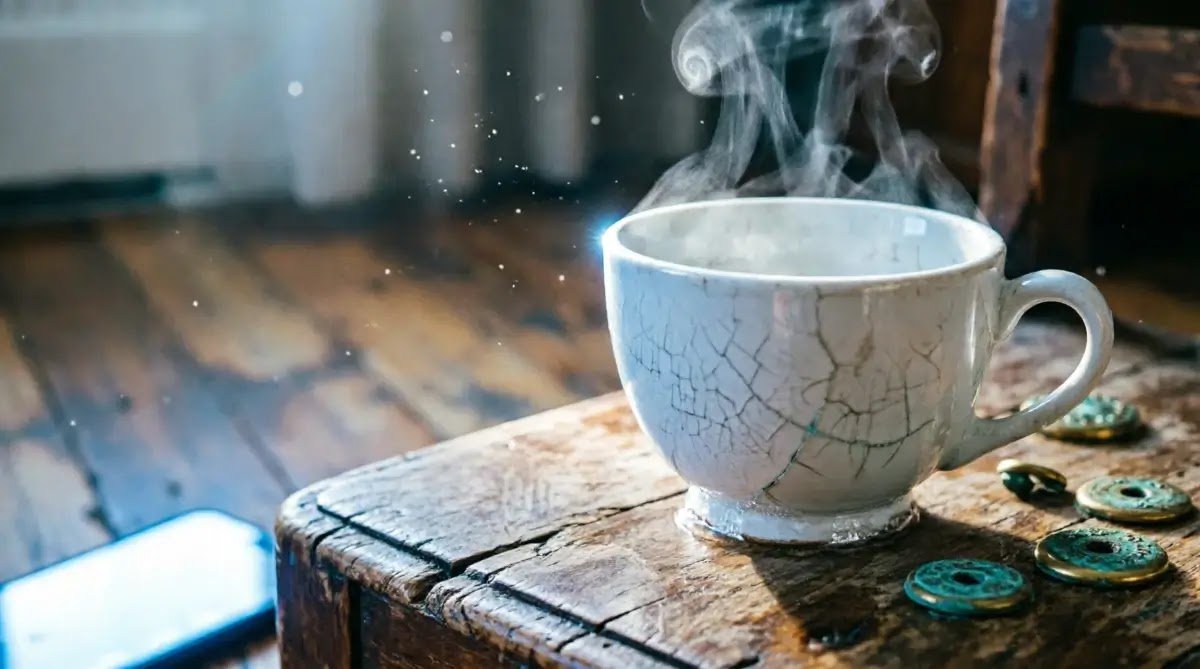 Cold ceramic teacup with impossible steam on weathered wooden chair, scattered brass markers, blue phone glow, dust particles (AI-generated illustration)