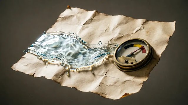 River flowing sideways on sloped map, gauge needle stuck, directional rim light (AI-generated illustration)