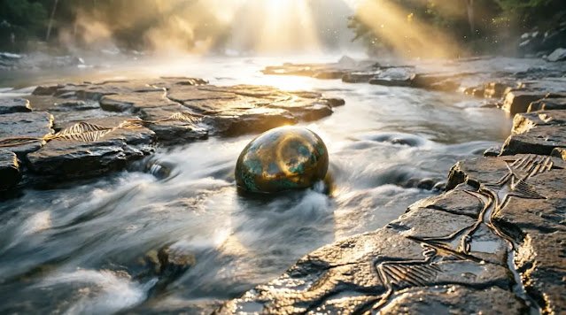 River flowing over map riverbed, gauge transformed to stone, eternal stillness flow, golden bloom (AI-generated illustration)