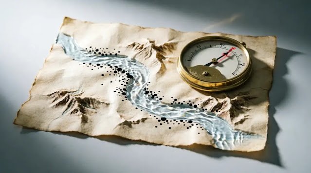 River channel cutting map, ink dots aligning, gauge needle vibrating, flat paper casting valley shadows (AI-generated illustration)