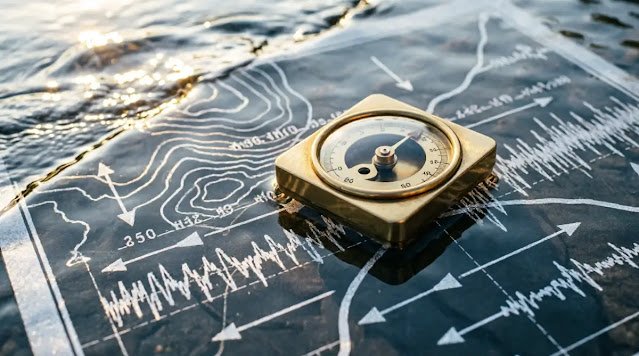 Transparent river flowing over map, clear water refraction, empty gauge housing, golden light (AI-generated illustration)