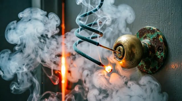 Smoke spiral fighting chaos, doorknob under pressure, compressed gap holding, bright ember (AI-generated illustration)