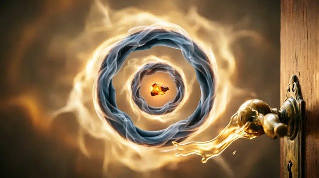 Eternal smoke spiral moving and still, doorknob dissolving to light, complete void, warm ember bloom (AI-generated illustration)