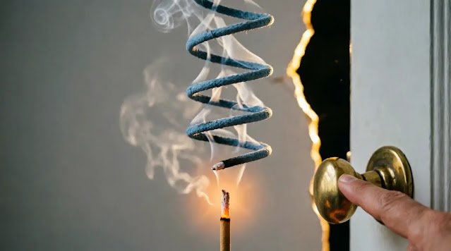 Smoke spiral dominant, finger autonomously touching doorknob, gap widening, golden rim, warm ember (AI-generated illustration)