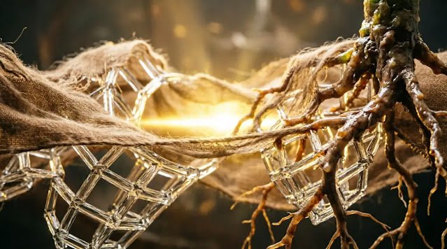 Unified field of fabric, glass, roots merged, golden bloom, peace (AI-generated illustration)