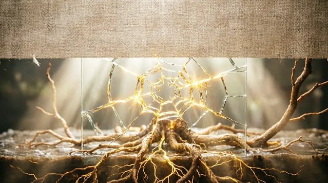 Unified fabric, illuminated cracked glass, root structure through earth, warm bloom (AI-generated illustration)