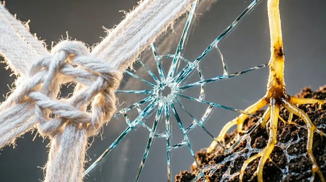 Self-weaving threads, spiderweb glass cracks, golden roots emerging, rim light (AI-generated illustration)