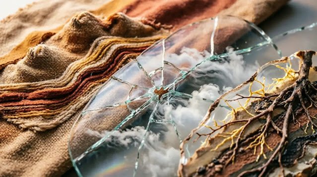 Textured fabric landscape, weather in glass cracks, root network through earth, stable glow (AI-generated illustration)
