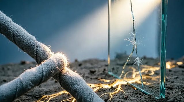 Connecting threads, glass hairline crack, glowing roots through ground, soft light (AI-generated illustration)