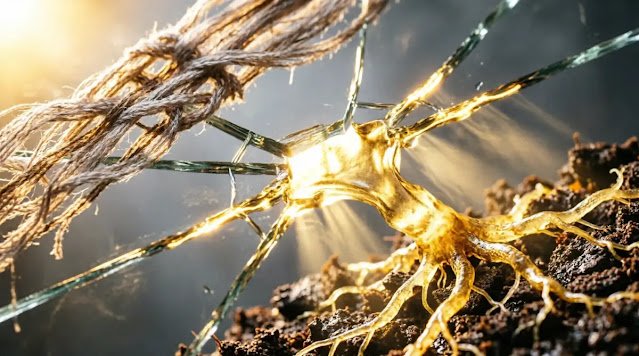 Rapid fabric weaving, golden liquid light from cracks, roots emerging, golden rim light (AI-generated illustration)