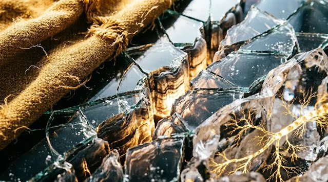Detailed fabric texture, crack valleys with light, bioluminescent roots through earth, golden clarity (AI-generated illustration)