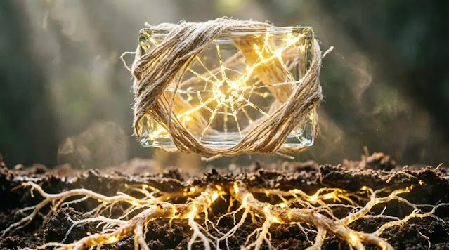 Threads holding fractured glass, golden light from cracks, root network through earth, glow (AI-generated illustration)