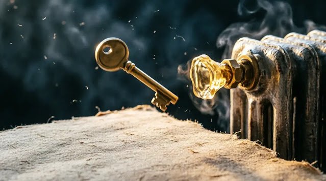 Spinning brass key, glowing radiator valve, dark background (AI-generated illustration)