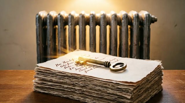 Stacked letters with handwriting, brass key on top, radiator golden glow (AI-generated illustration)
