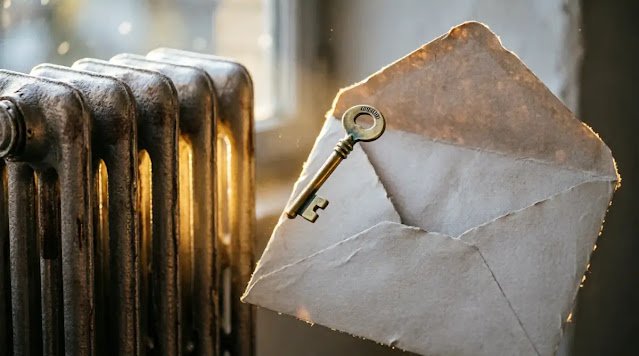 Opened envelope, brass key inside, golden radiator (AI-generated illustration)