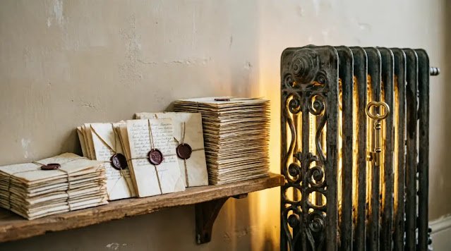 Letter archive on shelf, ornate radiator with golden light, key on valve (AI-generated illustration)