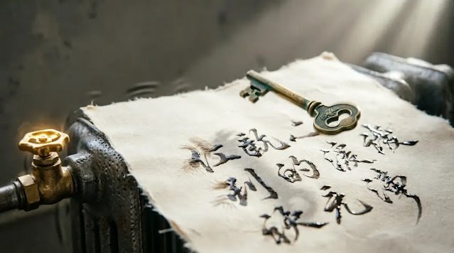 Self-writing paper, brass key, golden radiator valve (AI-generated illustration)
